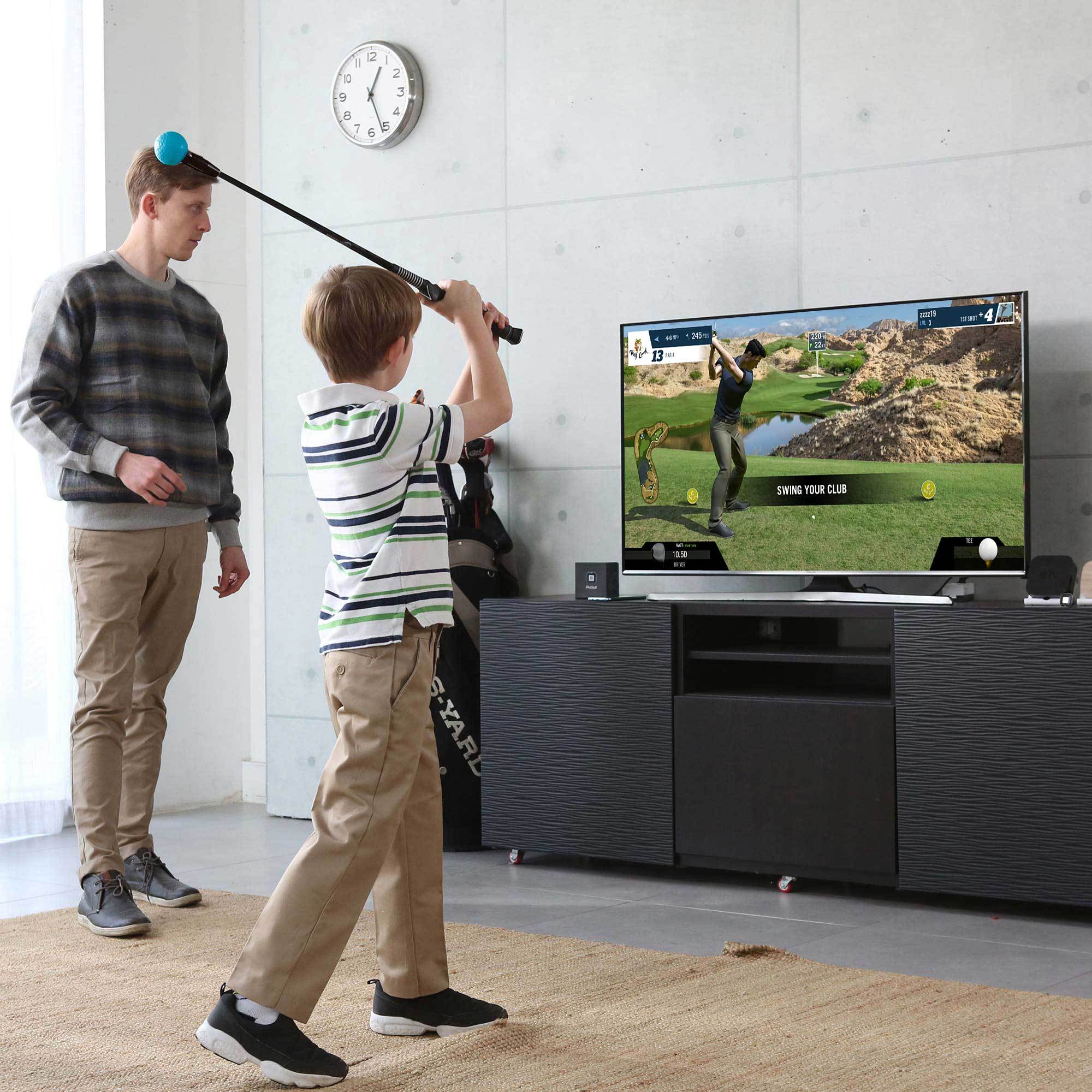 Father and son playing phigolf in living room